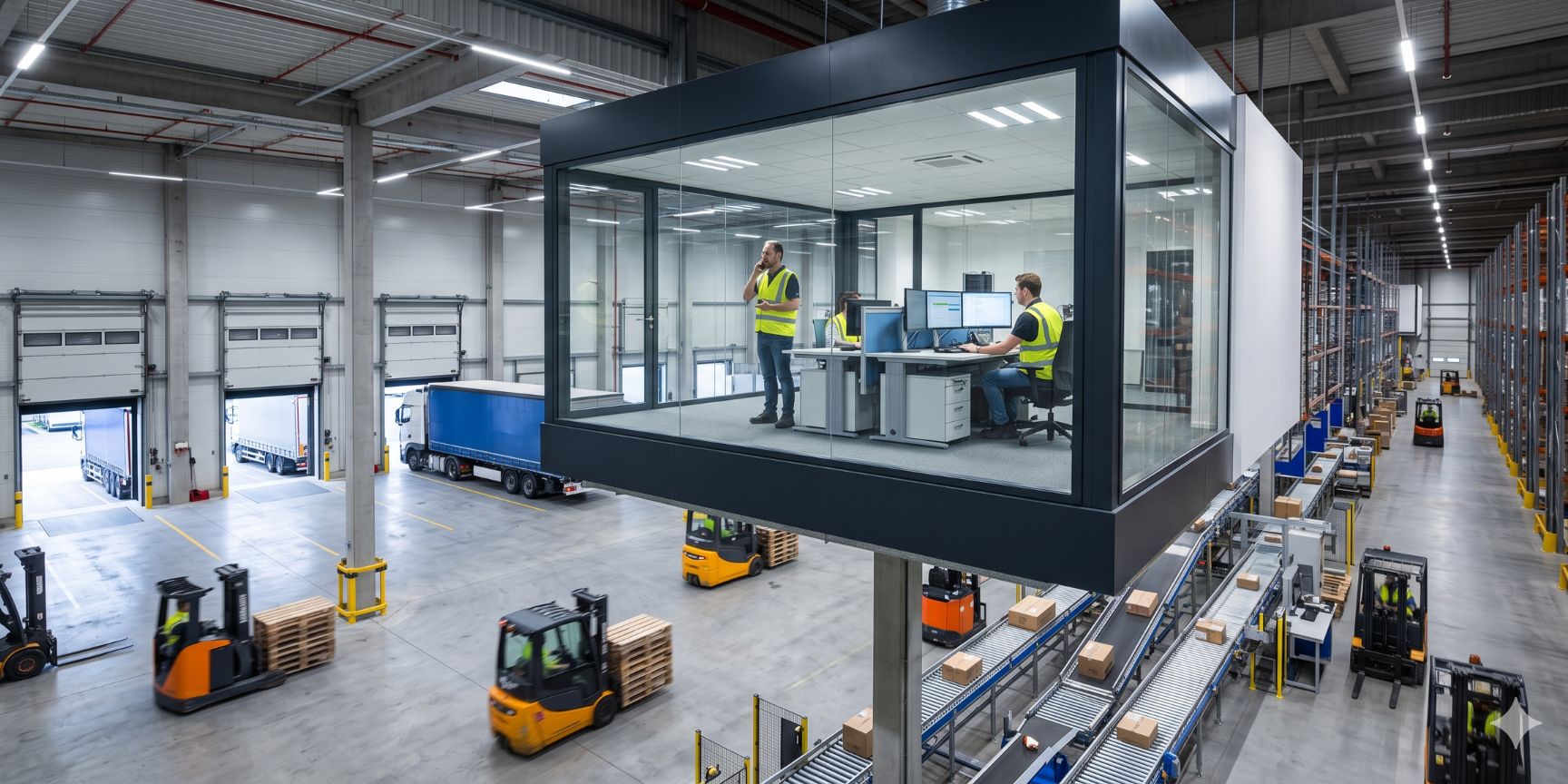 A mezzanine hall office in a modern logistics warehouse. Employees look through the glass front at forklifts, conveyor belts and truck ramps. Visual inspection.